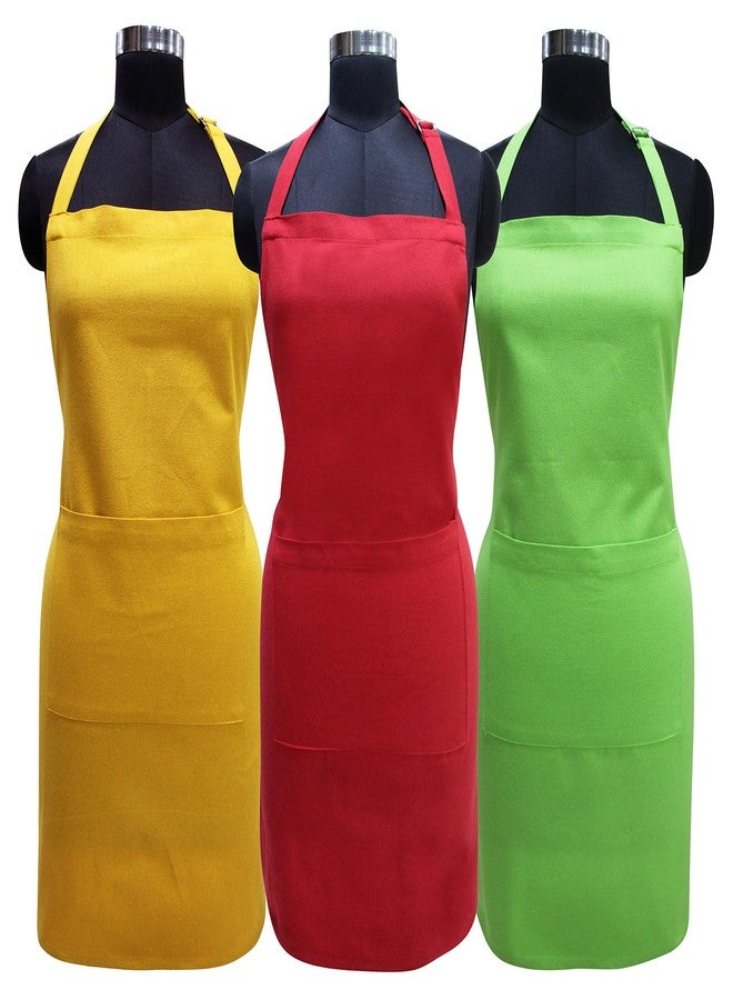 AIRWILL Cotton Plain Colored Solid Pattern Free Size Apron with Center Pocket, Adjustable Buckle on Top and Long Straps (Red,Yellow,Green, Pack of 3) - Image 1